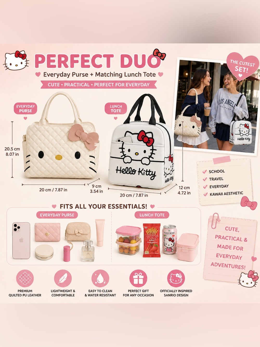 Hello Kitty Cream & Pink Quilted Satchel with Matching White Lunch Tote - Picture 5 of 9